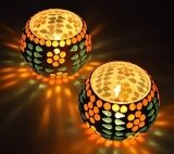 TIED RIBBONS Set of 2 Mosaic Glass Votives Tealight Candle Holders – Diwali Decorations Items for Home and Diwali Gifts (Glass, Pack of 2)